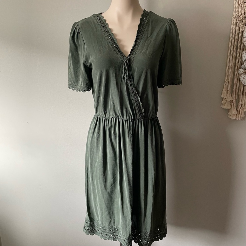 Vanessa Bruno Designer 100% Silk Scalloped Eyelet Dress Green Boho Size 36 Small